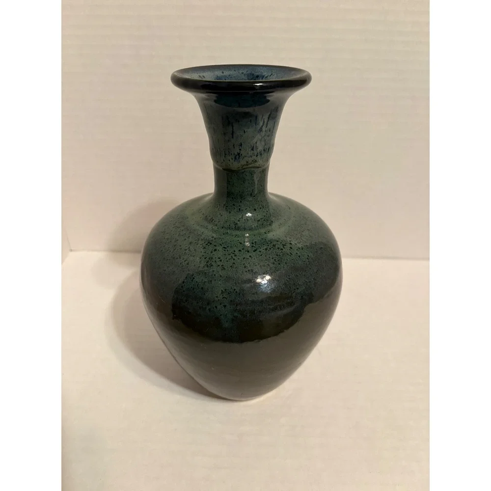 Dodge Studio Pottery Vase Teal Green Drip Glaze Handcrafted Stoneware 9.5 Inch